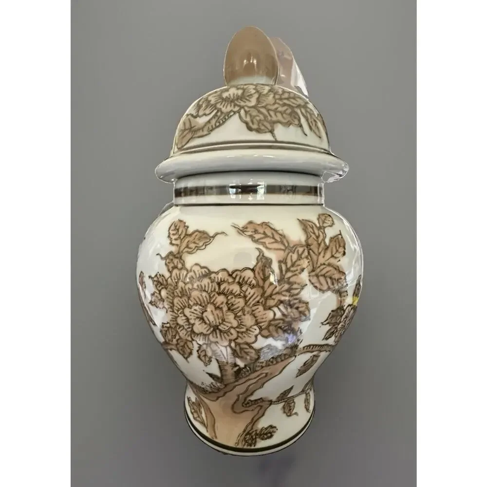 Galt International Brown Floral Ceramic Ginger Temple Jar 8” Tall Vase Lid NWT